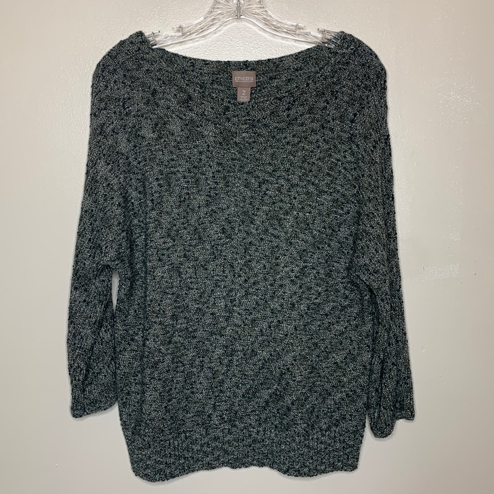 CHICO’S Sweater Green & Metallic Gold Dolman Sleeves Scoop Neck 3/4 Sleeves 12